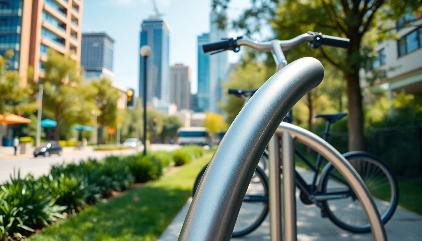 Secure your bike with a stylish designer bike rack in a vibrant urban setting.