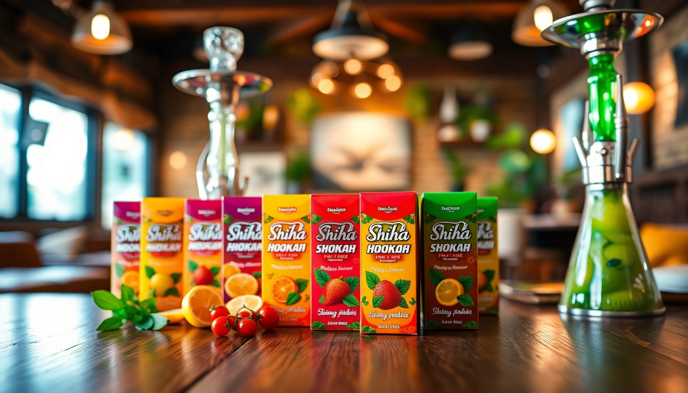 Enticing shisha hookah flavors displayed appealingly on a wooden table showcasing their vibrant packaging.