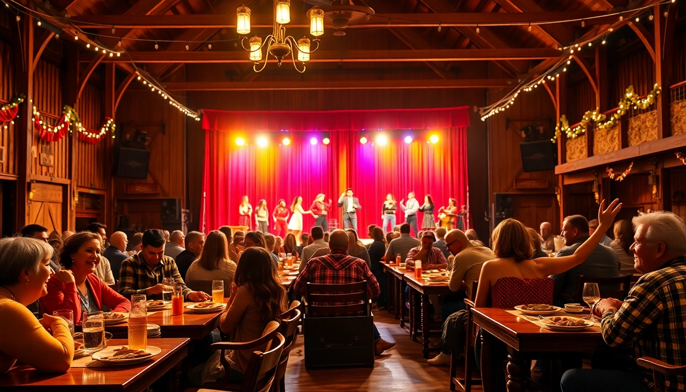 Enjoying a show at the firelight barn dinner theater with BBQ and lively performances.